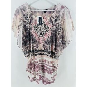 Expresso Top L Boho Paisley Flutter Sleeve Blouse Ruched Side Tunic NWT‎ BB22
